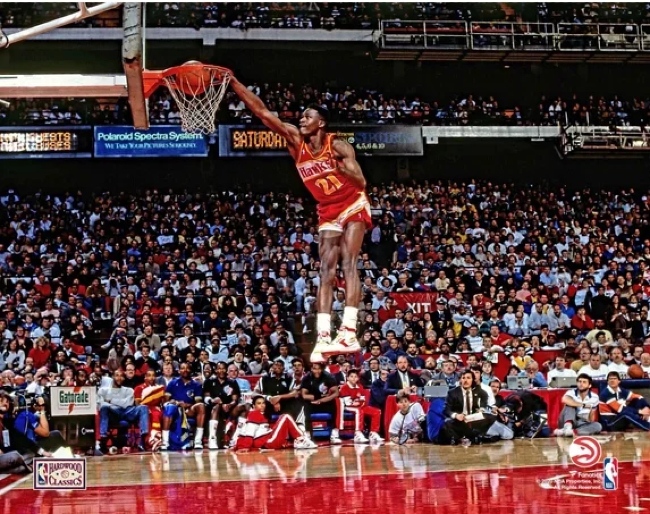 Dominique-Wilkins-Atlanta-Hawks-Unsigned-1988-NBA-Slam-Dunk-Contest-Photo- NBA / Dominique Wilkins / Atlanta Hawks Product: Dominique Wilkins Atlanta Hawks Unsigned 1988 NBA Slam Dunk Contest Photograph
