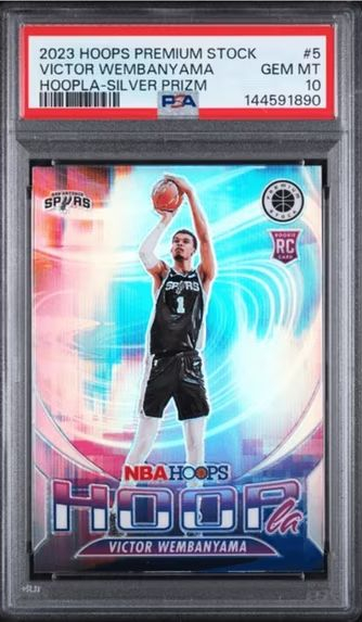 Graded-2023-Panini-Hoops-Premium-Stock-Victor-Wembanyama-5-Hoopla-Silver-Prizm-Rookie-RC-Basketball-Card-PSA-10-Gem-Mint-PSA10Gem-mint-M499-wmt.webp Victor Wembanyama Graded Trading Card Panini Hoops Premium Hoopla Silver Prizm